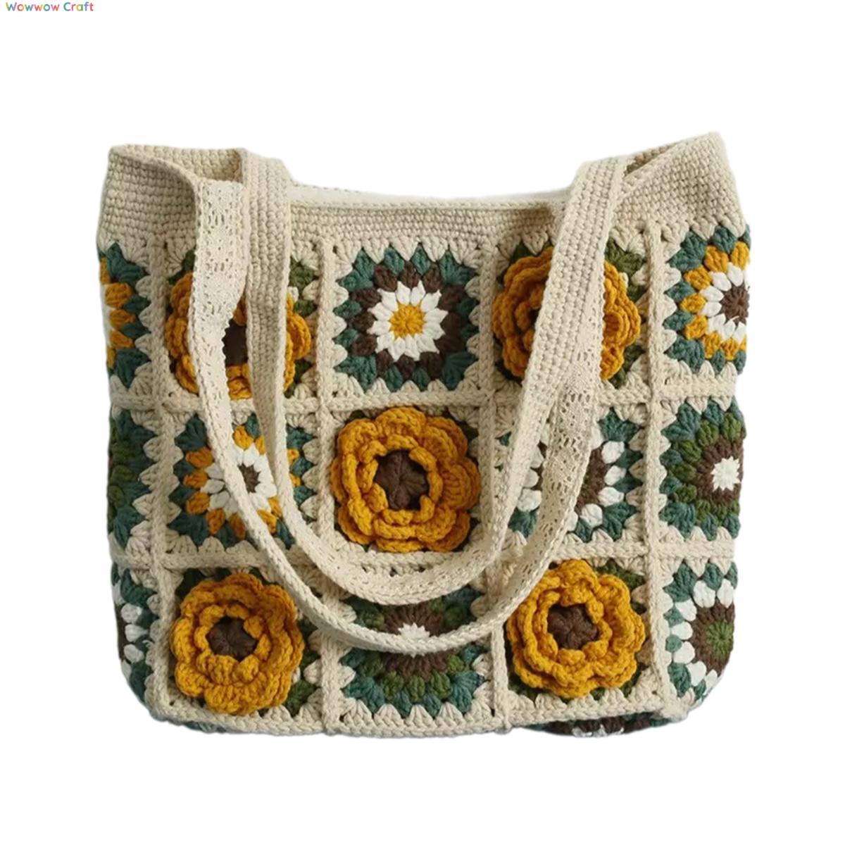 Shoulder Bags,Totes,Handmade Crochet Bags,Yellow Flowers Granny Square Tote crocheted with Snow Fairy Yarn - High quality handmade crocheted shoulder bag